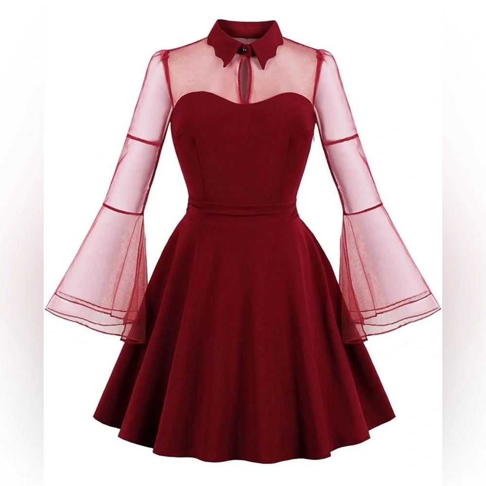 Women's Vintage Gothic Cocktail Dresses Cutout Keyhole Collar Burgundy - Picture 1 of 5